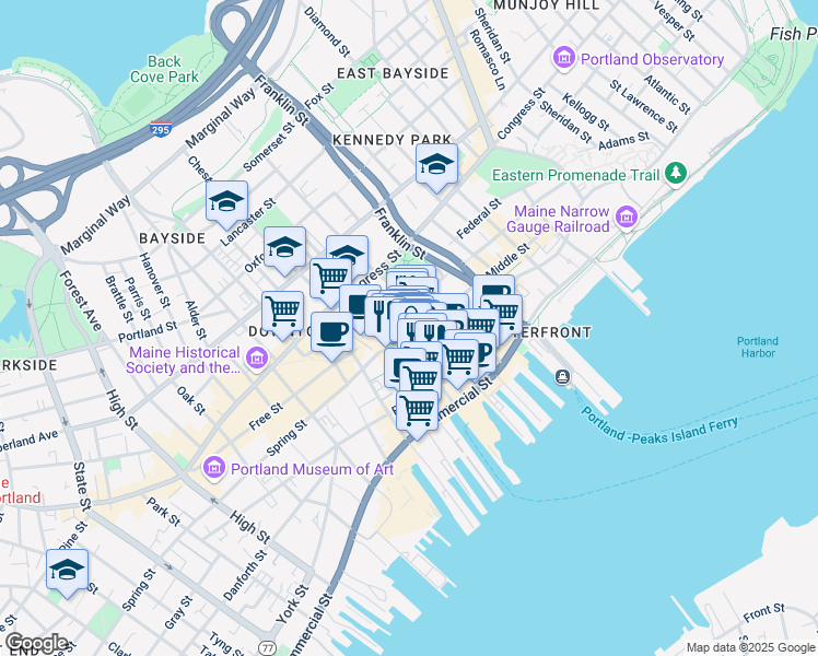 map of restaurants, bars, coffee shops, grocery stores, and more near 75 Market Street in Portland