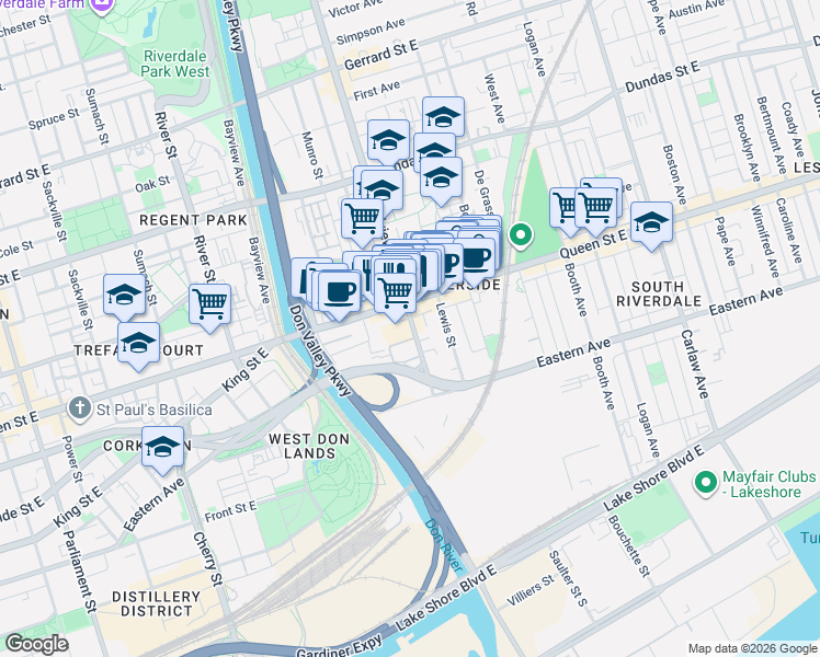 map of restaurants, bars, coffee shops, grocery stores, and more near 90 Broadview Avenue in Toronto