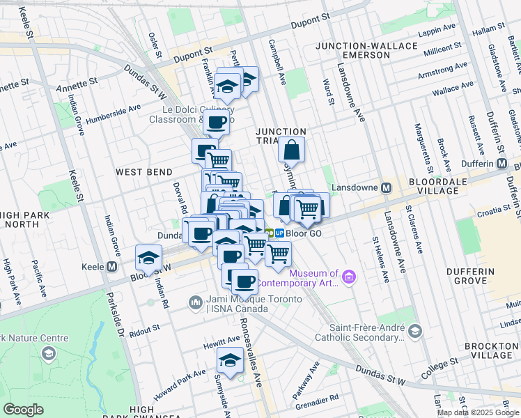 map of restaurants, bars, coffee shops, grocery stores, and more near in Toronto