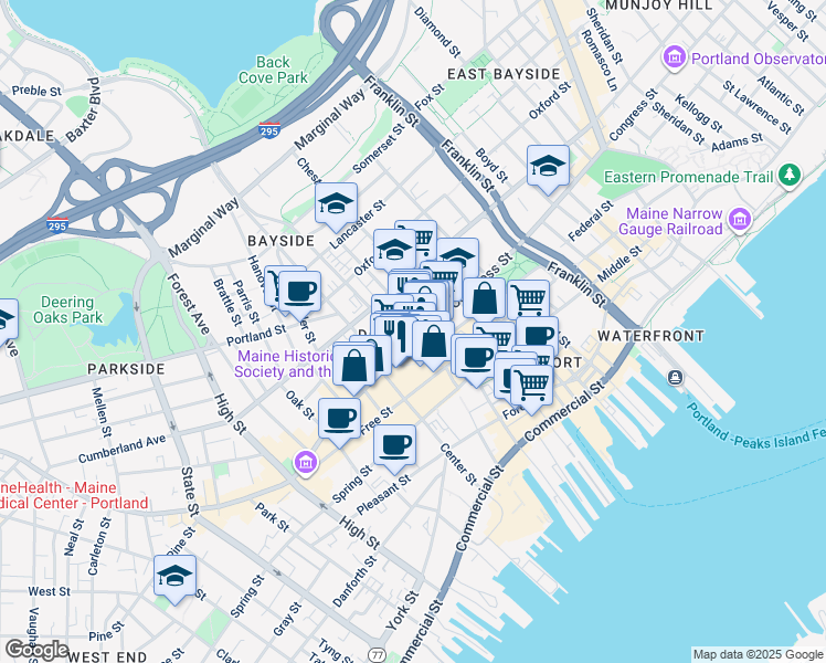 map of restaurants, bars, coffee shops, grocery stores, and more near 439 Congress Street in Portland