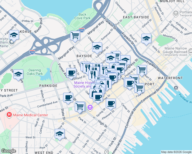 map of restaurants, bars, coffee shops, grocery stores, and more near 341 Cumberland Avenue in Portland