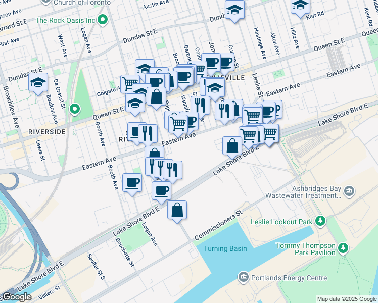 map of restaurants, bars, coffee shops, grocery stores, and more near 629 Eastern Avenue in Toronto