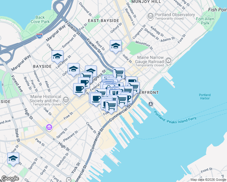 map of restaurants, bars, coffee shops, grocery stores, and more near 150 Middle Street in Portland
