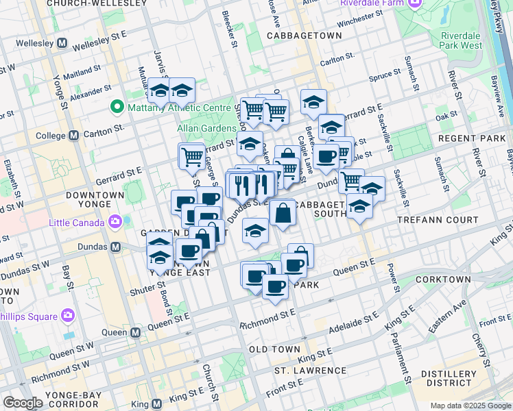 map of restaurants, bars, coffee shops, grocery stores, and more near 275 Dundas Street East in Toronto