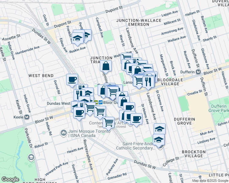 map of restaurants, bars, coffee shops, grocery stores, and more near 15 Rankin Crescent in Toronto