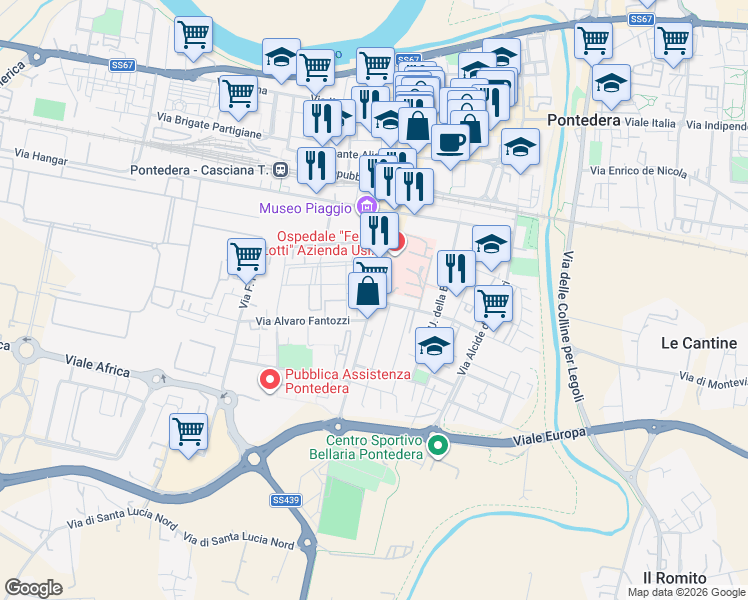 map of restaurants, bars, coffee shops, grocery stores, and more near 7 Via Galileo Galilei in Pontedera