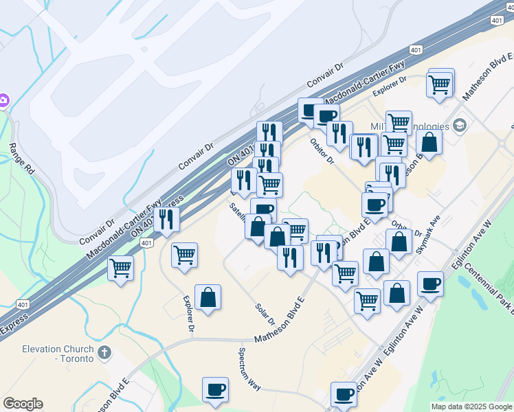 map of restaurants, bars, coffee shops, grocery stores, and more near 5580 Explorer Drive in Mississauga