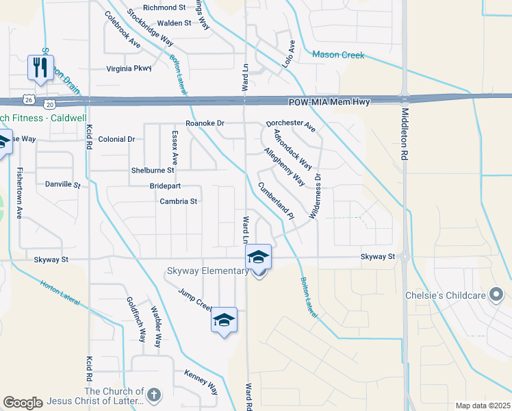 map of restaurants, bars, coffee shops, grocery stores, and more near 19614 Tuckerman Way in Caldwell