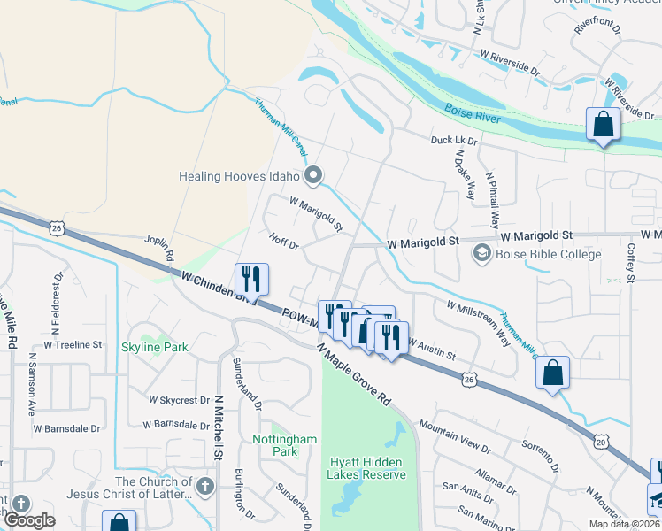 map of restaurants, bars, coffee shops, grocery stores, and more near 9305 West Thurman Street in Boise