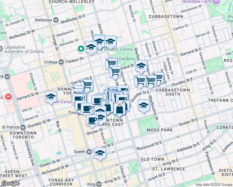 map of restaurants, bars, coffee shops, grocery stores, and more near 222 Jarvis Street in Toronto