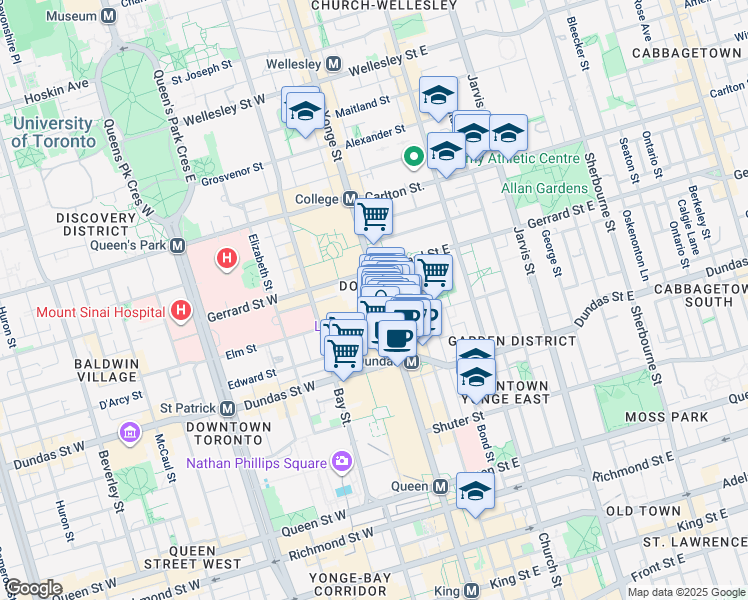 map of restaurants, bars, coffee shops, grocery stores, and more near 356 Yonge Street in Toronto