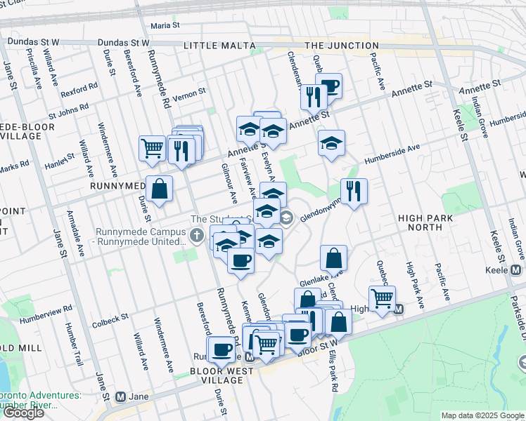 map of restaurants, bars, coffee shops, grocery stores, and more near 11 Fairview Avenue in Toronto
