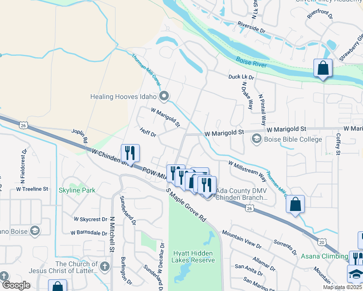 map of restaurants, bars, coffee shops, grocery stores, and more near 9305 West Thurman Street in Boise
