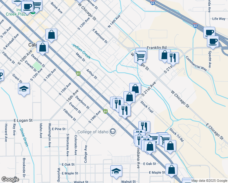 map of restaurants, bars, coffee shops, grocery stores, and more near 1909 Arthur Street in Caldwell