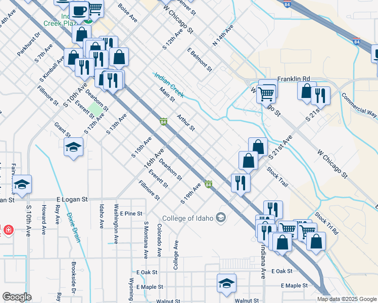 map of restaurants, bars, coffee shops, grocery stores, and more near 1723 Cleveland Boulevard in Caldwell