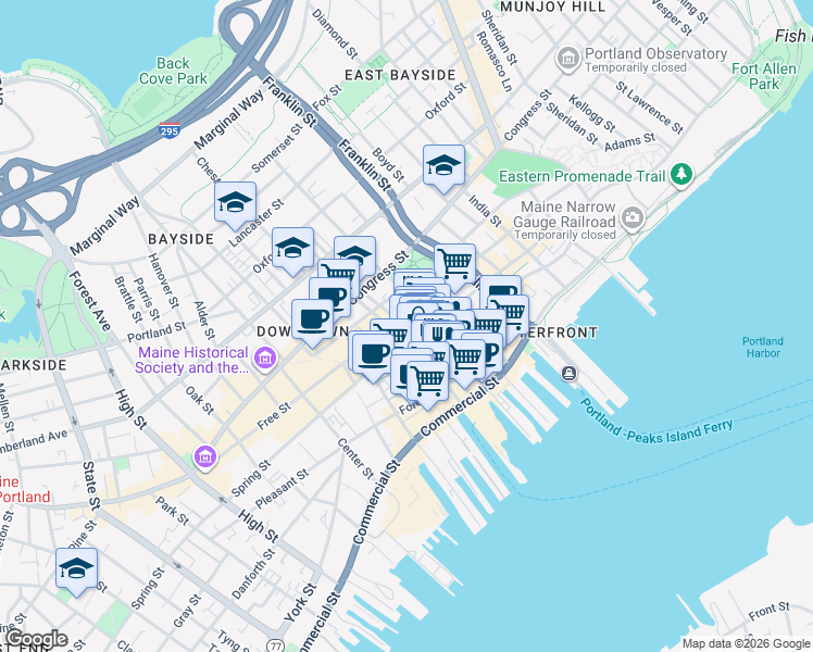 map of restaurants, bars, coffee shops, grocery stores, and more near in Portland