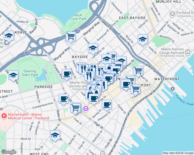map of restaurants, bars, coffee shops, grocery stores, and more near in Portland