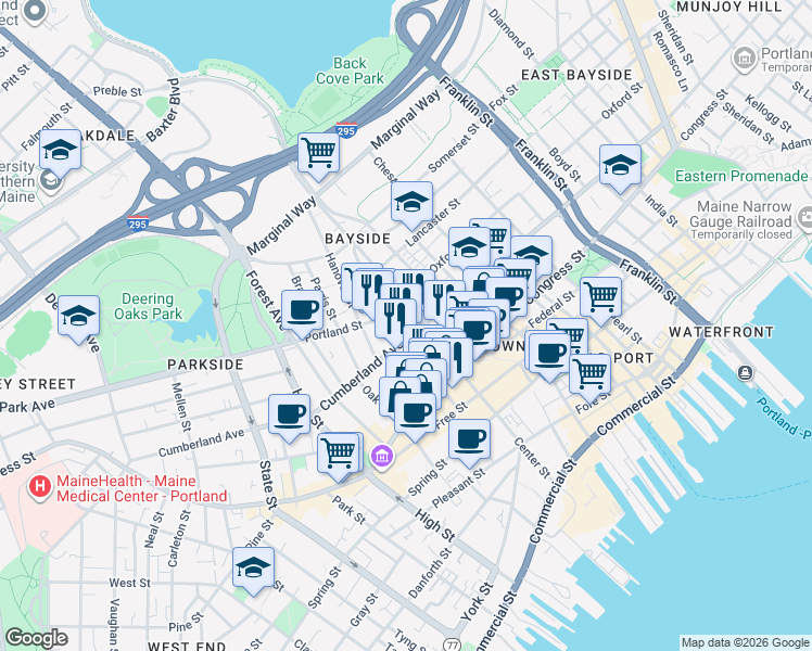 map of restaurants, bars, coffee shops, grocery stores, and more near in Portland