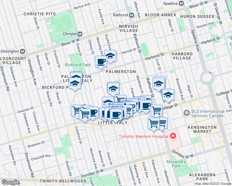 map of restaurants, bars, coffee shops, grocery stores, and more near in Toronto