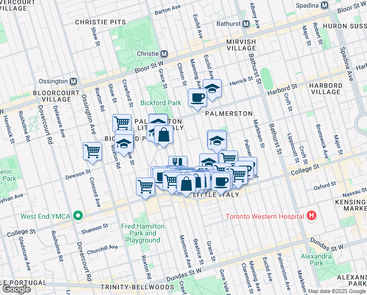 map of restaurants, bars, coffee shops, grocery stores, and more near in Toronto