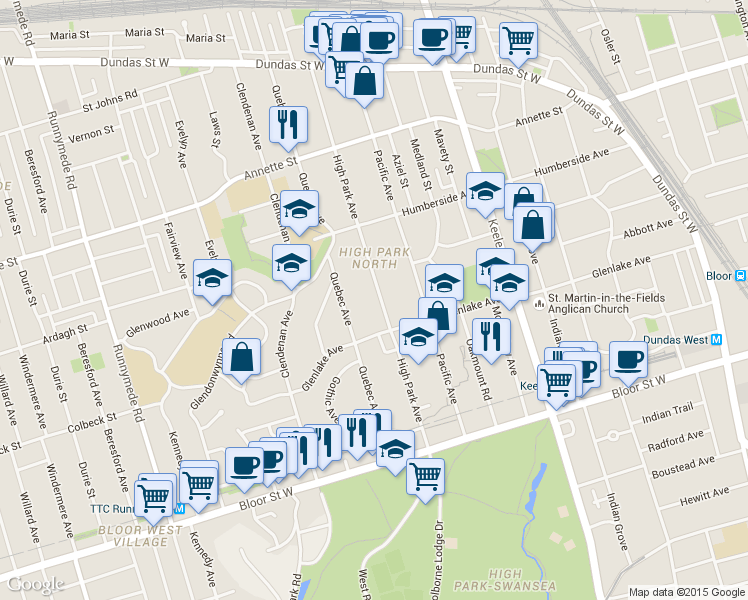 map of restaurants, bars, coffee shops, grocery stores, and more near 95 High Park Avenue in Toronto