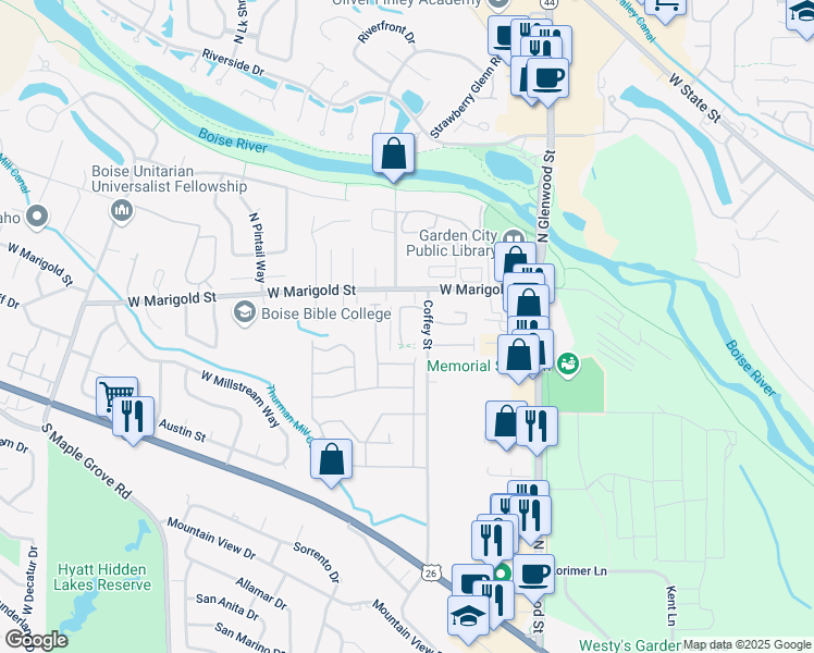 map of restaurants, bars, coffee shops, grocery stores, and more near 5815 Coffey Street in Boise