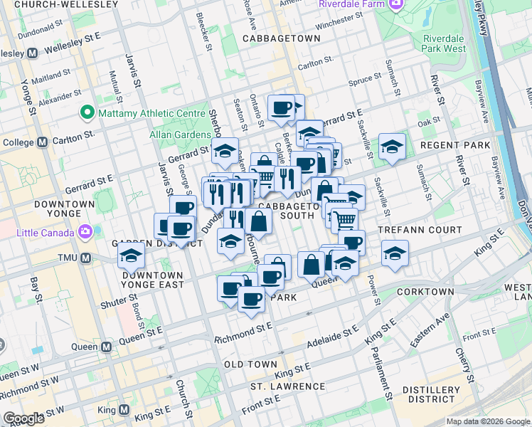 map of restaurants, bars, coffee shops, grocery stores, and more near in Toronto