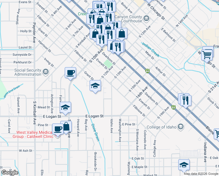 map of restaurants, bars, coffee shops, grocery stores, and more near 1519 Idaho Avenue in Caldwell