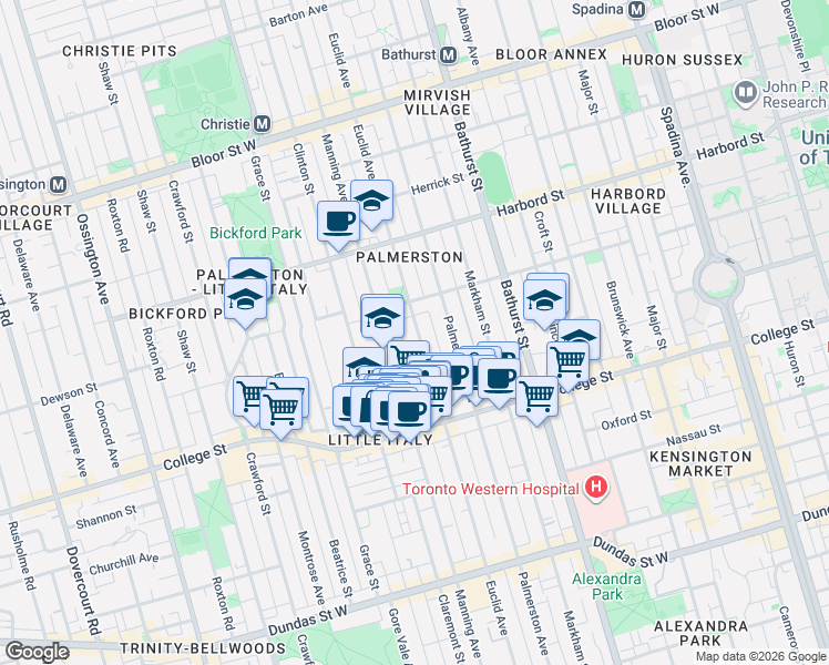 map of restaurants, bars, coffee shops, grocery stores, and more near 476 Euclid Avenue in Toronto