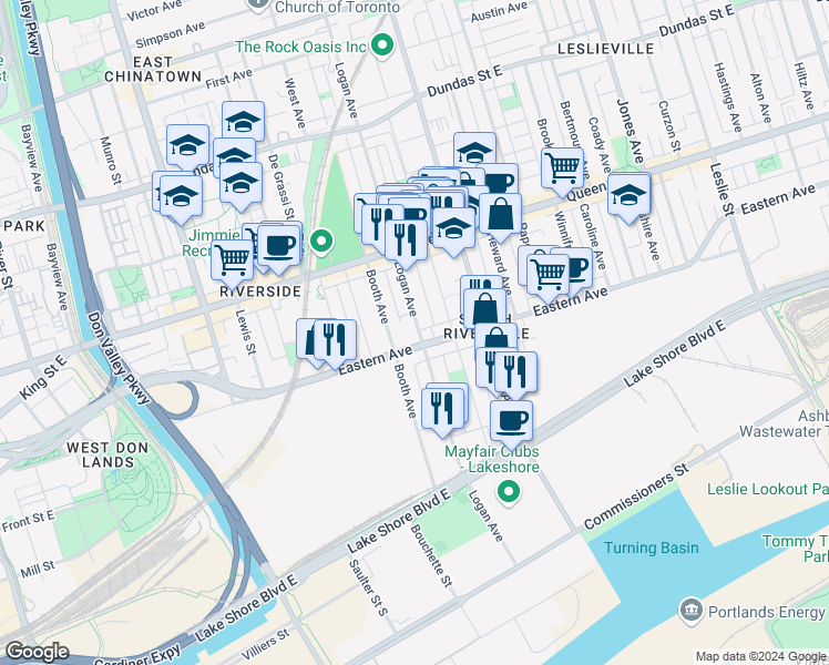 map of restaurants, bars, coffee shops, grocery stores, and more near in Toronto