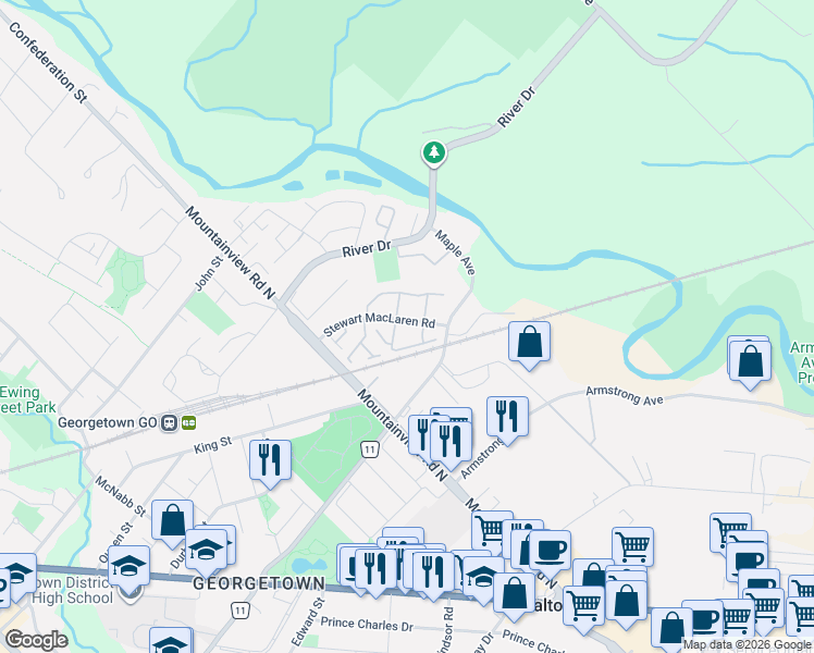 map of restaurants, bars, coffee shops, grocery stores, and more near 58 Stewart Maclaren Road in Halton Hills