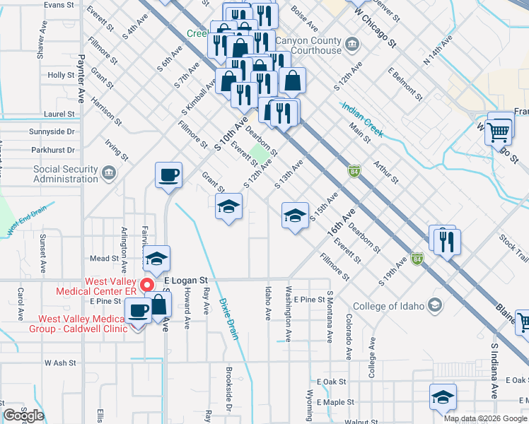 map of restaurants, bars, coffee shops, grocery stores, and more near 1519 Idaho Avenue in Caldwell