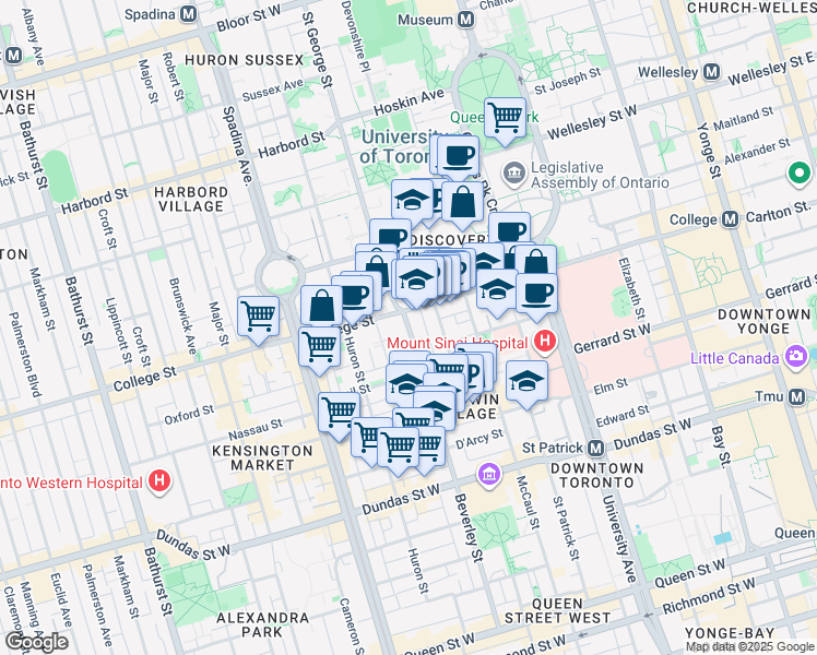 map of restaurants, bars, coffee shops, grocery stores, and more near 255 Beverley Street in Toronto