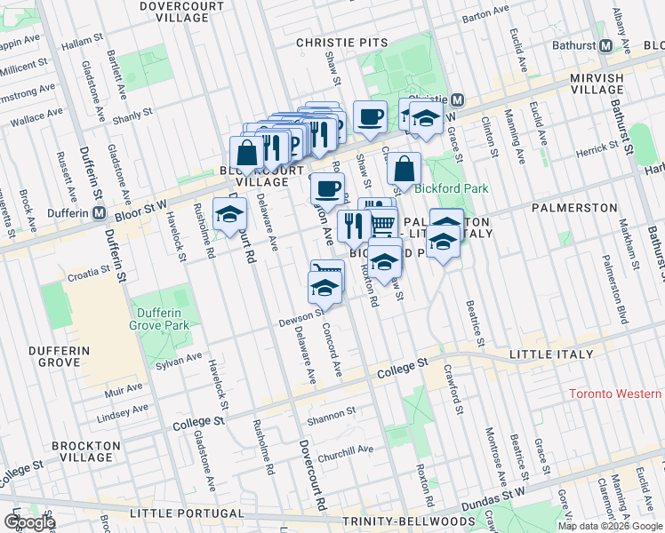 map of restaurants, bars, coffee shops, grocery stores, and more near 588 Ossington Avenue in Toronto
