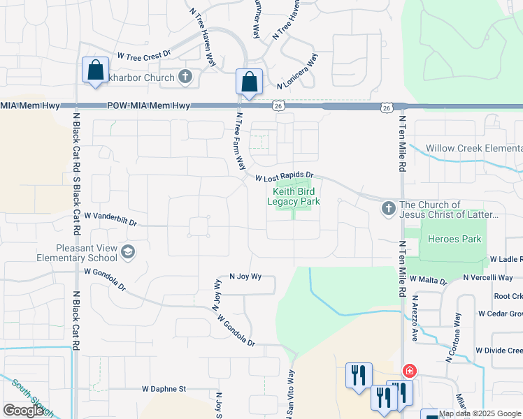 map of restaurants, bars, coffee shops, grocery stores, and more near 5949 North Botticelli Avenue in Meridian