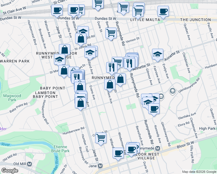 map of restaurants, bars, coffee shops, grocery stores, and more near 707 Windermere Avenue in Toronto