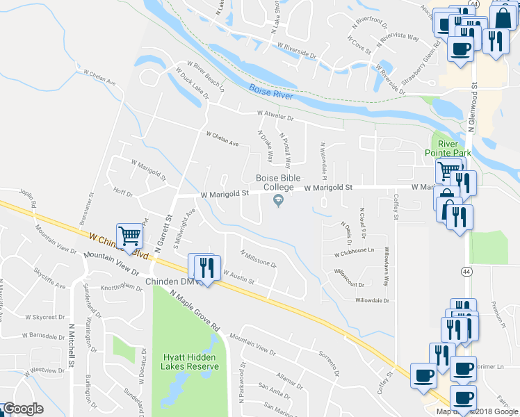 map of restaurants, bars, coffee shops, grocery stores, and more near 5980 Ensign Avenue in Boise
