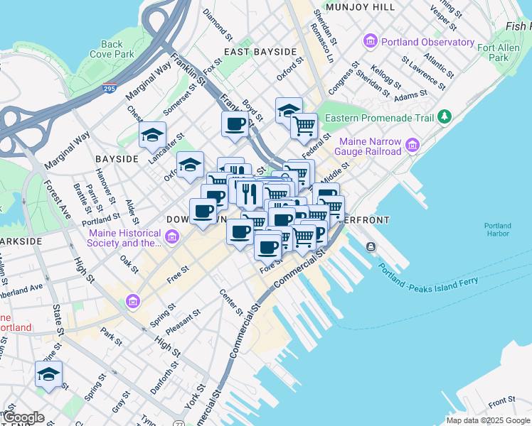 map of restaurants, bars, coffee shops, grocery stores, and more near 205 Newbury Street in Portland