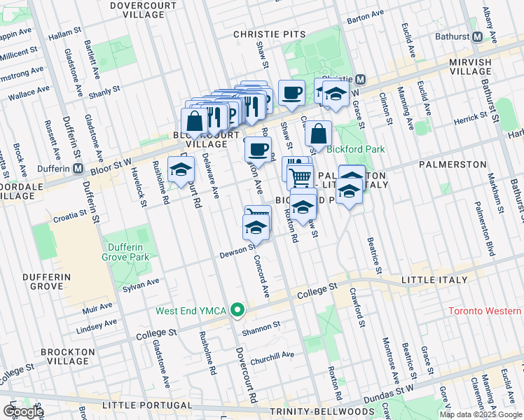 map of restaurants, bars, coffee shops, grocery stores, and more near in Toronto
