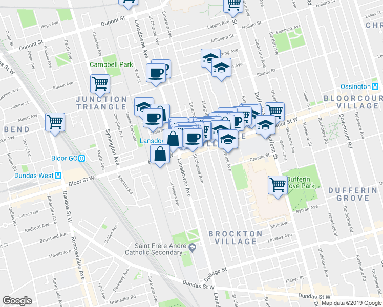 map of restaurants, bars, coffee shops, grocery stores, and more near in Toronto