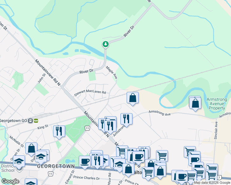 map of restaurants, bars, coffee shops, grocery stores, and more near 32 Maple Avenue East in Halton Hills
