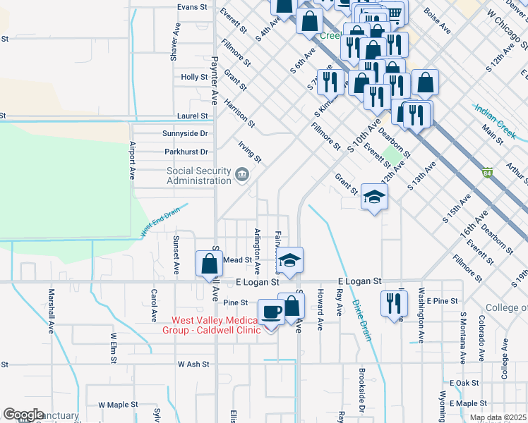 map of restaurants, bars, coffee shops, grocery stores, and more near 1304 Arlington Avenue in Caldwell