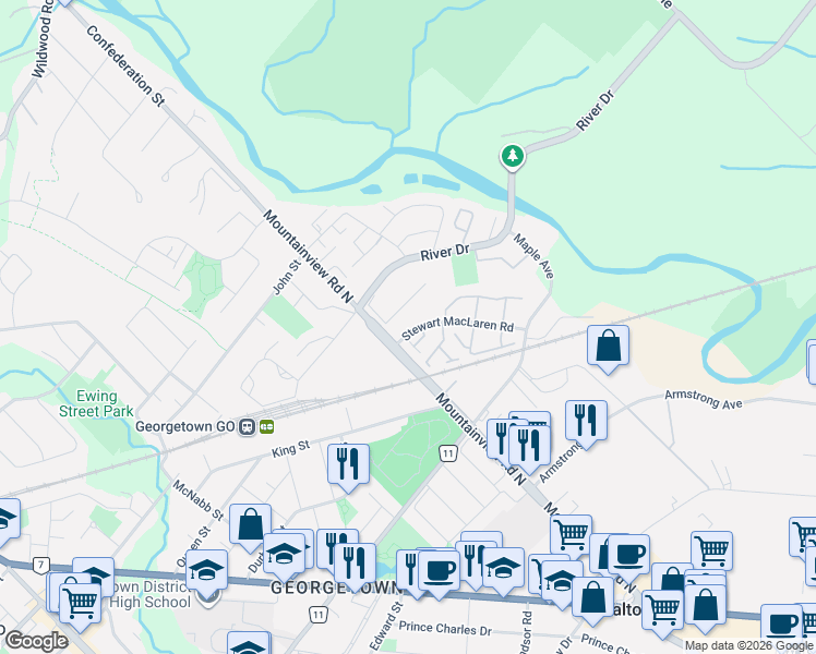 map of restaurants, bars, coffee shops, grocery stores, and more near 58 Stewart Maclaren Road in Halton Hills