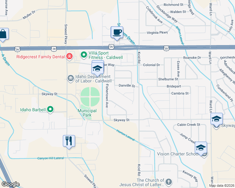 map of restaurants, bars, coffee shops, grocery stores, and more near 5102 Dallastown Street in Caldwell