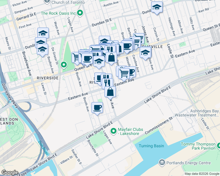map of restaurants, bars, coffee shops, grocery stores, and more near 547 Eastern Avenue in Toronto