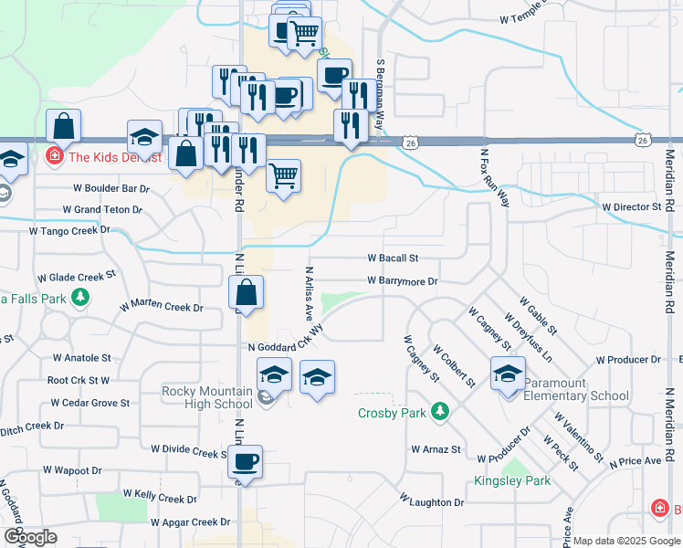 map of restaurants, bars, coffee shops, grocery stores, and more near 1236 West Bacall Street in Meridian