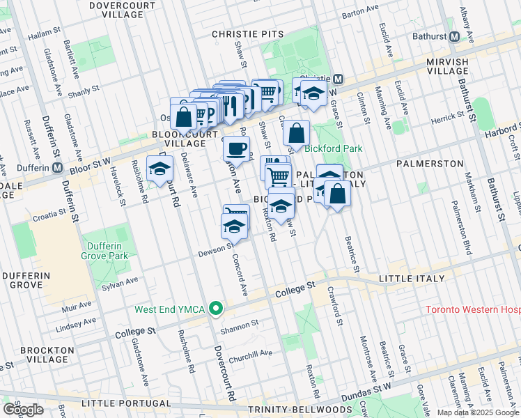 map of restaurants, bars, coffee shops, grocery stores, and more near 396 Roxton Road in Toronto