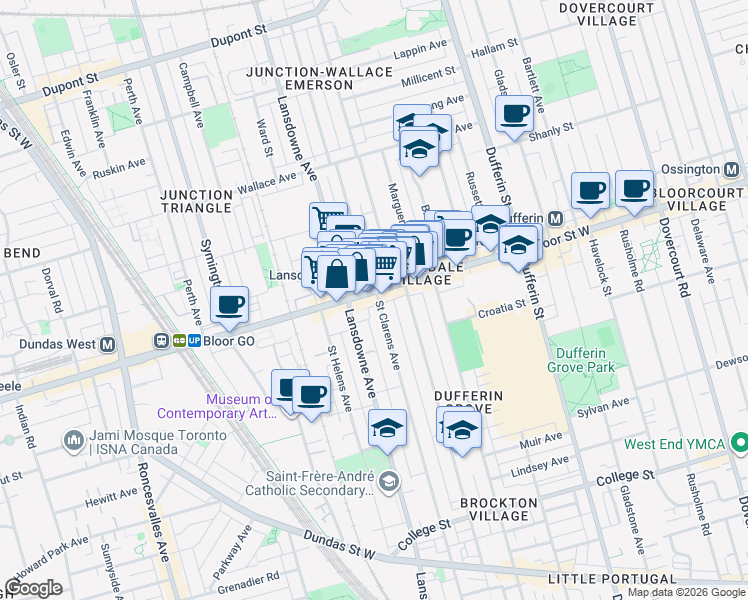 map of restaurants, bars, coffee shops, grocery stores, and more near 432 Saint Clarens Avenue in Toronto