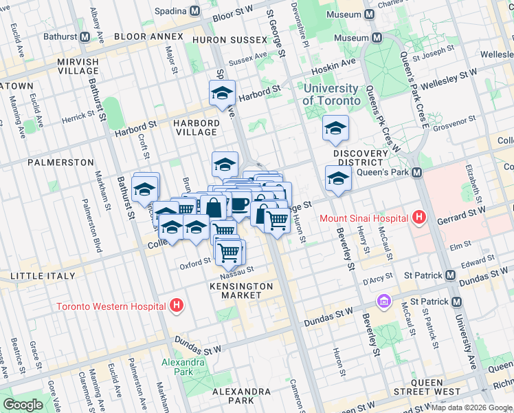 map of restaurants, bars, coffee shops, grocery stores, and more near 484 Spadina Avenue in Toronto