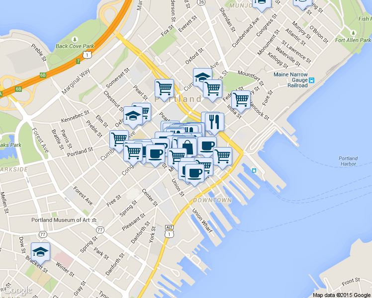 map of restaurants, bars, coffee shops, grocery stores, and more near 219 Newbury Street in Portland